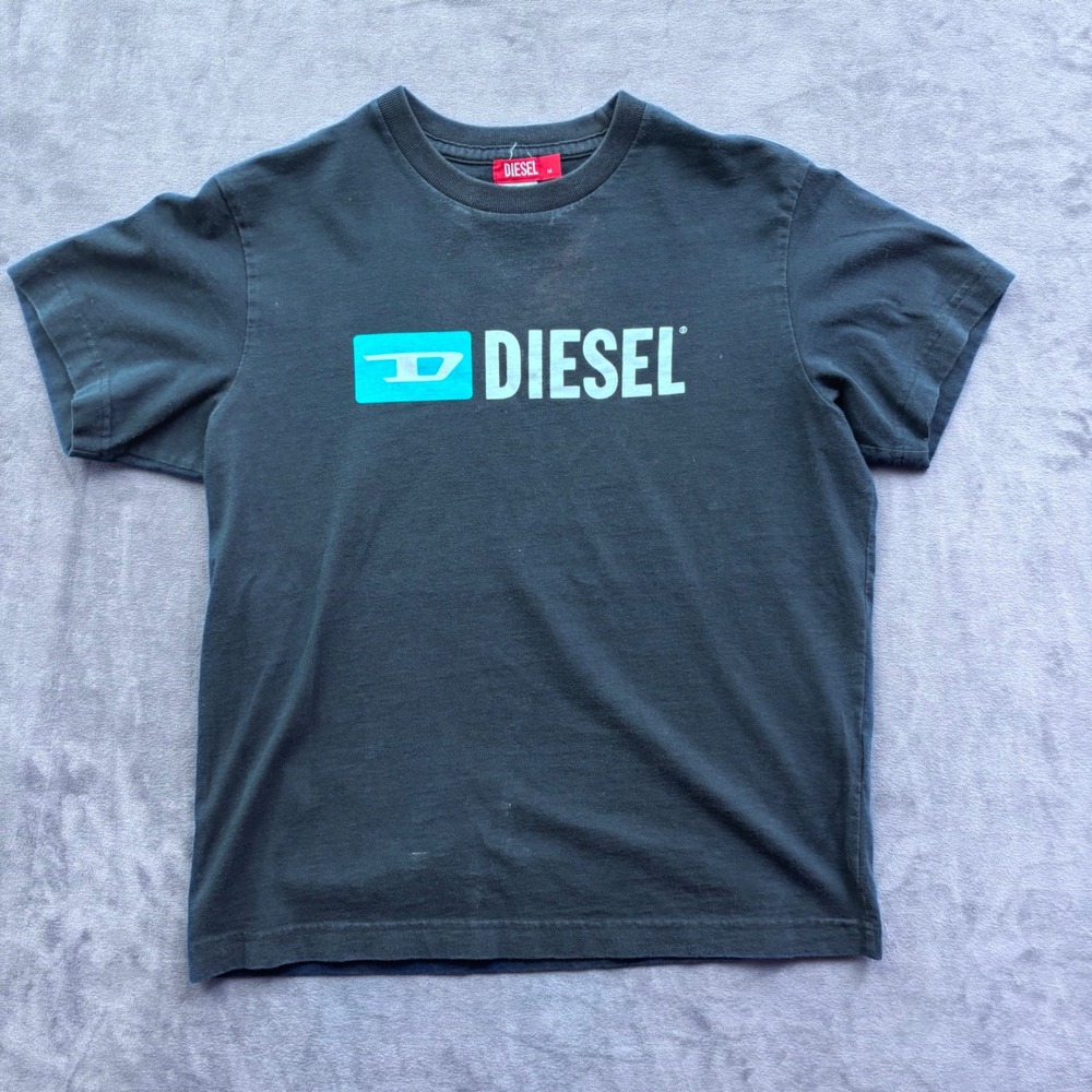 Diesel Kids Graphic Logo T-Shirt Black Teal Blue Short Sleeve Crewneck Size M